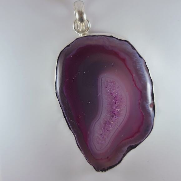 Purple Agate Geode Pendant 2.25" Polished Slice Necklace in Silver Bezel - Picture 3 of 10
